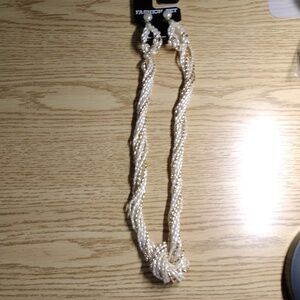 NWT Faux Pearl Strand Knot Necklace W. Clip Earrings Bonus Pr Pierced Earrings